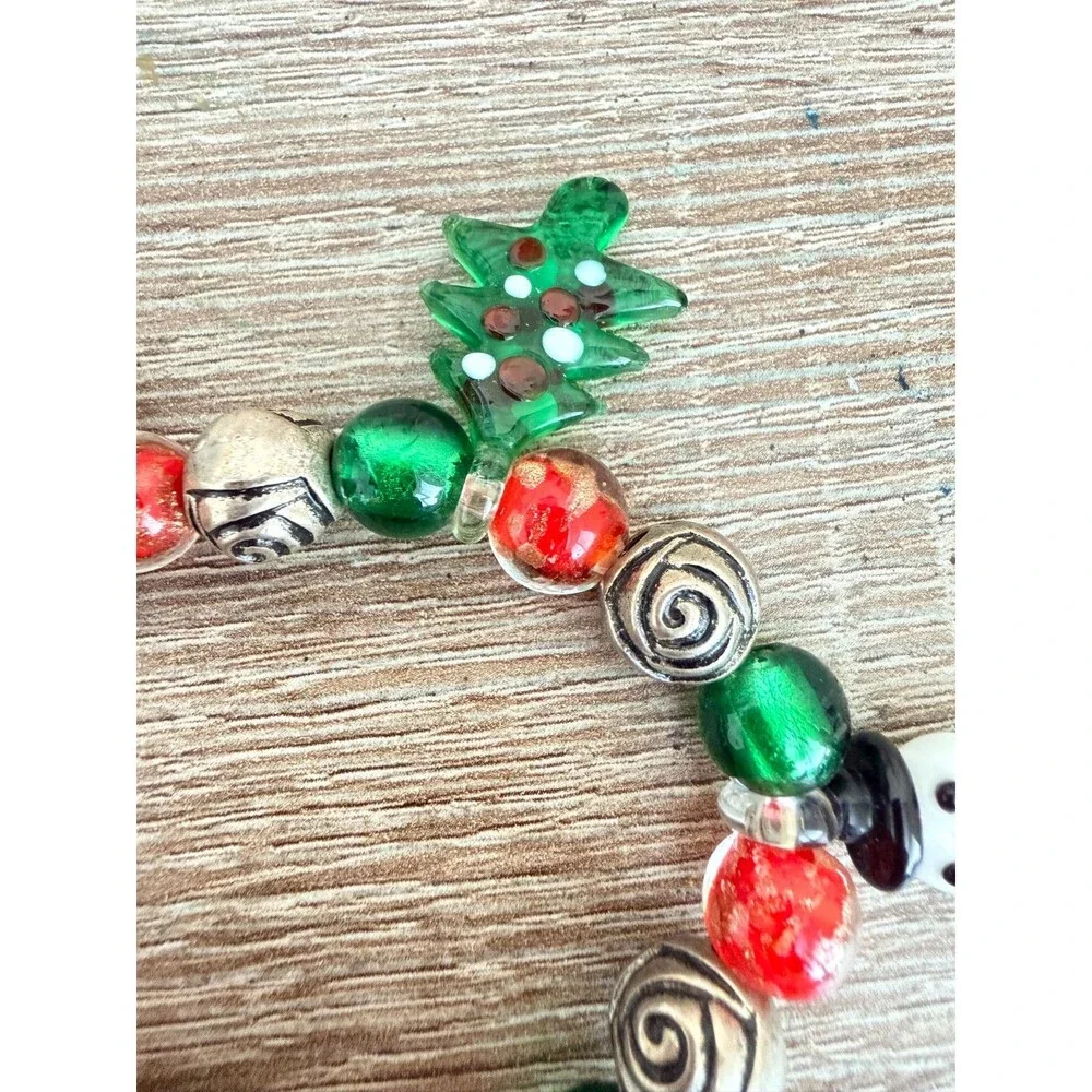 Christmas Lampwork Glass Snowman Tree Charm Stretch Bracelet Holiday Jewelry Fe